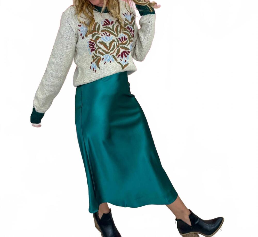 NEW WISHLIST evergreen satin midi skirt in emerald